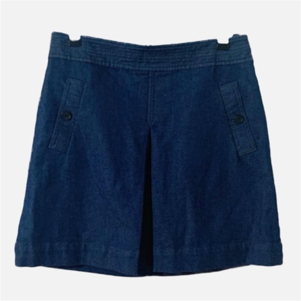 Ann Taylor LOFT Jersey Knit Denim Mini Skirt Career Wear Side Pocket Front Pleat